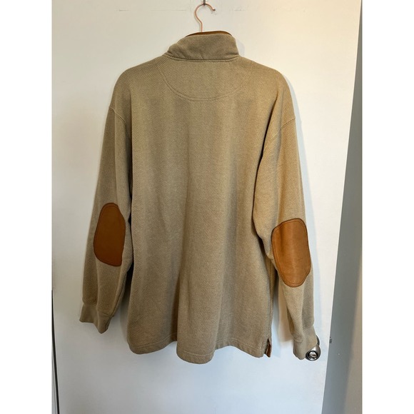 Orvis Sweater Mens Large Oatmeal Tan 1/4 Zip Leather Elbow Patch Pullover - Picture 6 of 6